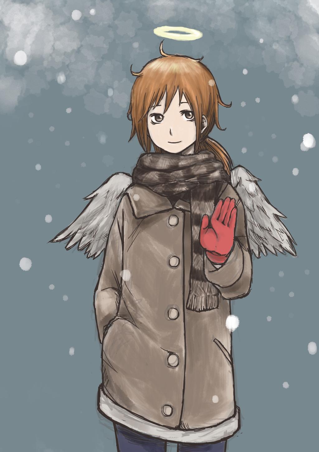 angel, angel_wings, blue_pants, brown_coat, brown_eyes, brown_hair, brown_scarf, coat