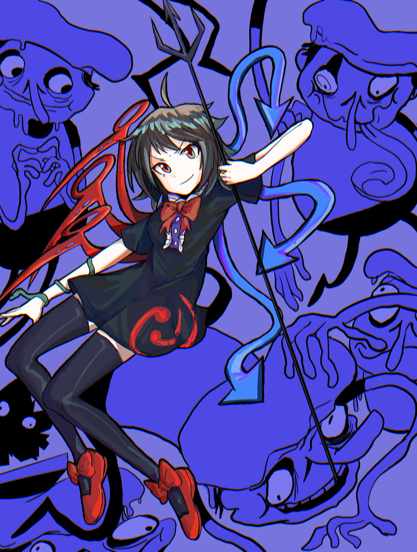 1girl, 5boys, ahoge, asymmetrical_wings, black_dress, black_hair, black_thighhighs, blue_wings