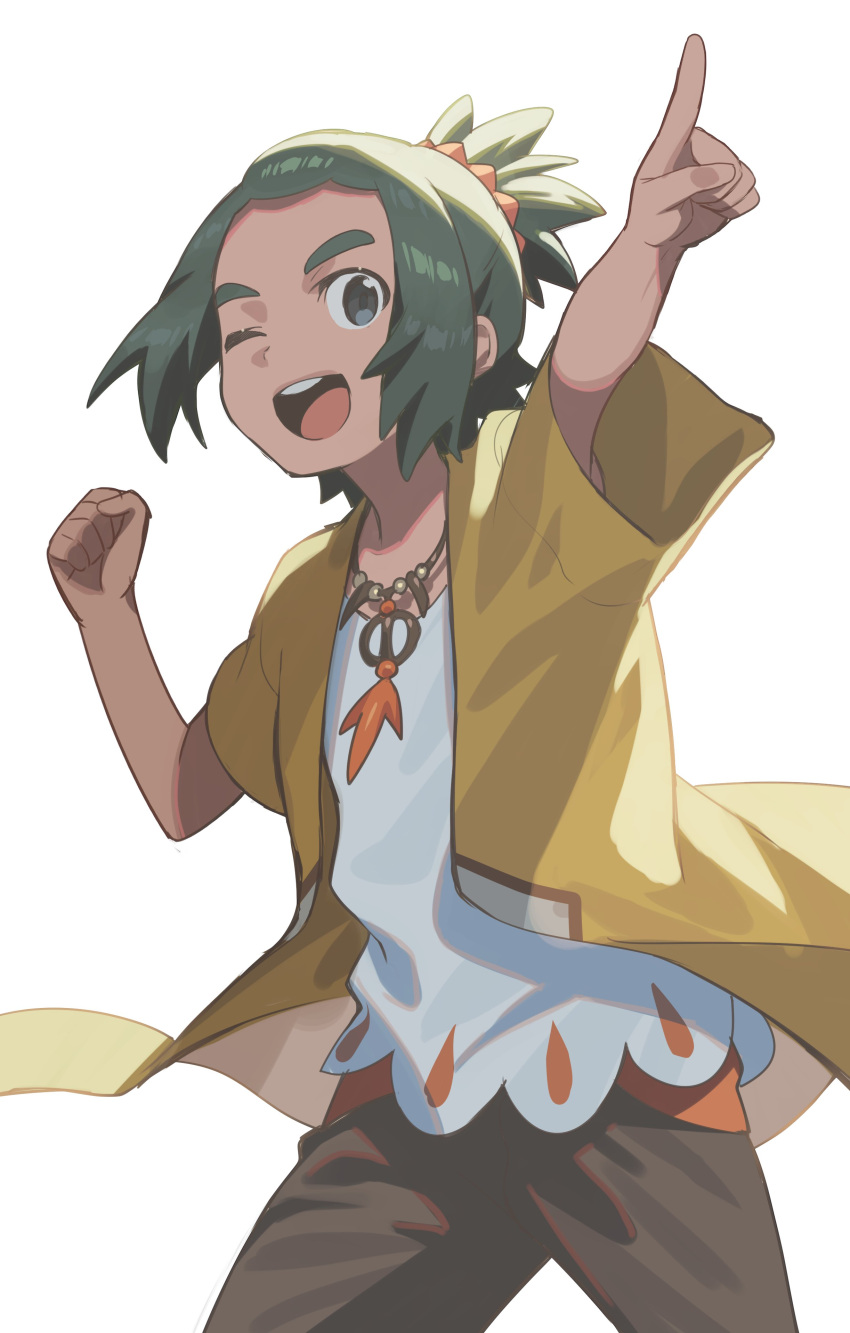 1boy, absurdres, bin_(bottle_crown), coat, cowboy_shot, dark-skinned_male, dark_skin, green_hair