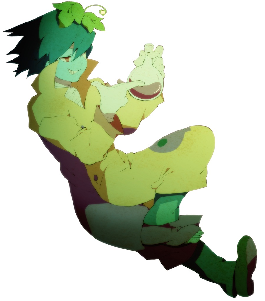 1boy, bandage_over_one_eye, bandaged_neck, bandages, blue_hair, blue_skin, brown_coat, brown_footwear