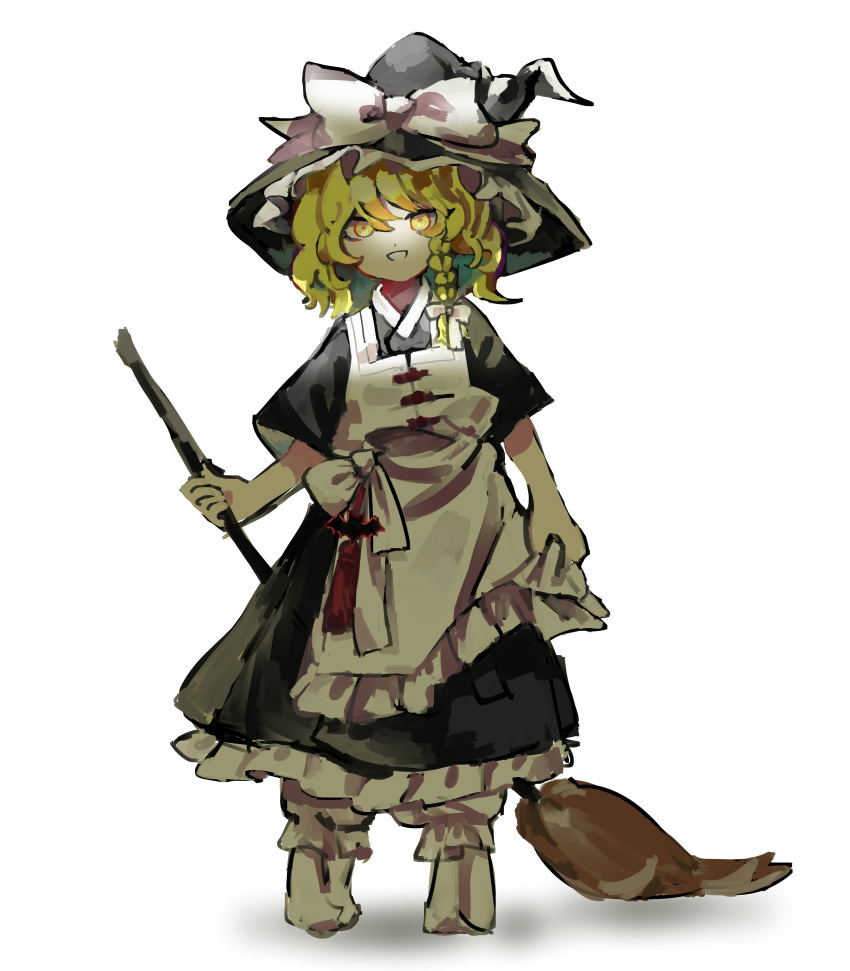 1girl, absurdres, black_dress, blonde_hair, braid, broom, commentary_request, dress