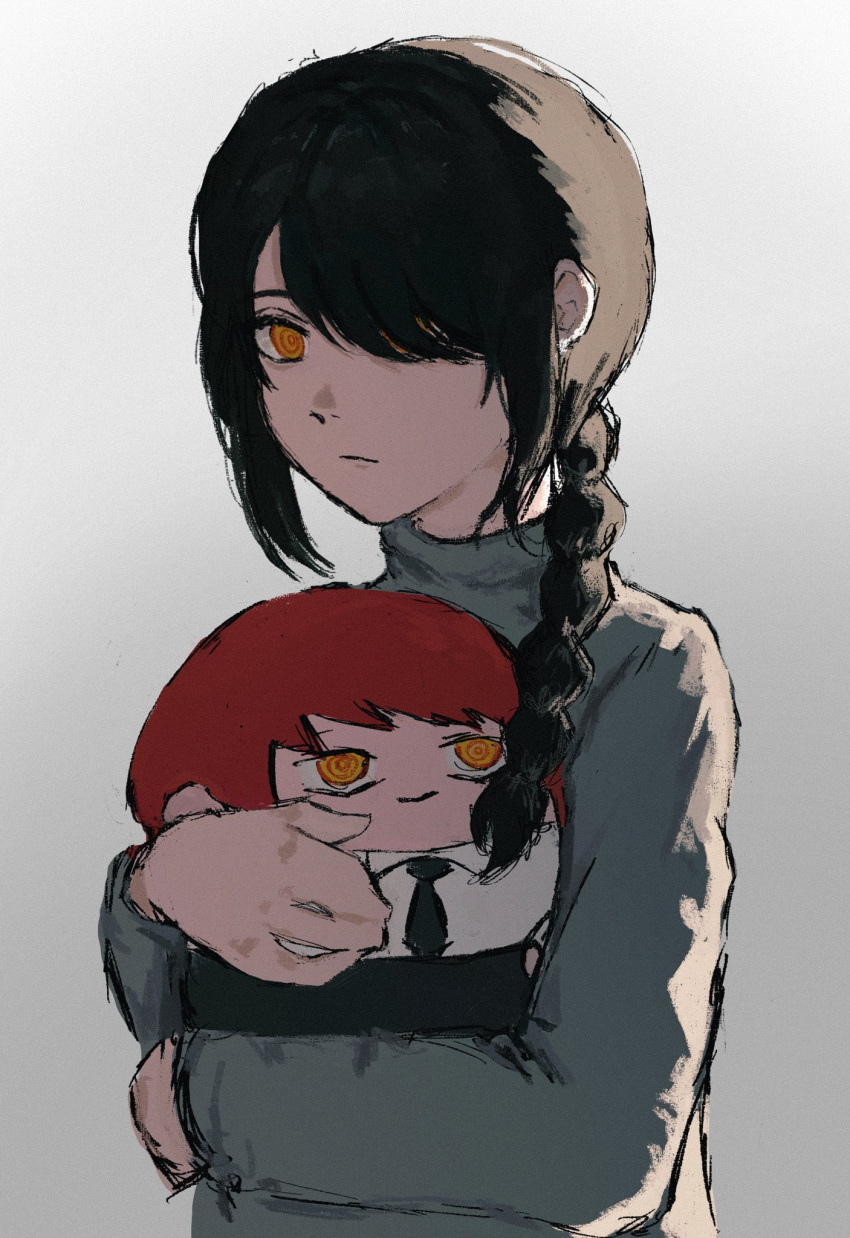 1girl, @_@, black_hair, braid, chainsaw_man, highres, holding, holding_stuffed_toy