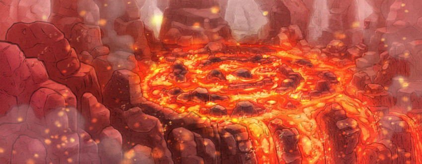 artist_request, cave, cave_interior, commentary, embers, english_commentary, fushigi_no_dungeon, game_cg, lavafall, molten_rock, no_humans, official_art, pokemon, pokemon_(game), pokemon_mystery_dungeon, red_theme, rock, scenery, smoke, third-party_source, wide_shot