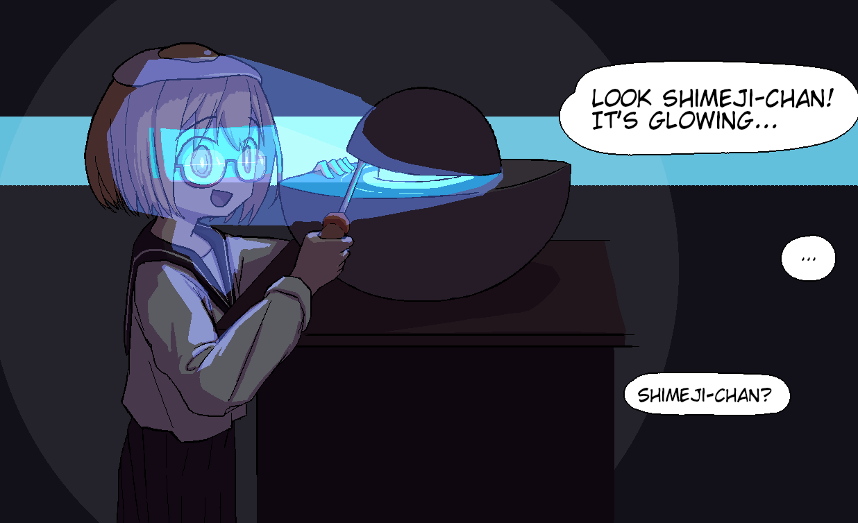 1girl, blonde_hair, bob_cut, cherenkov_radiation, dark, demon_core, egg, egg_(food)