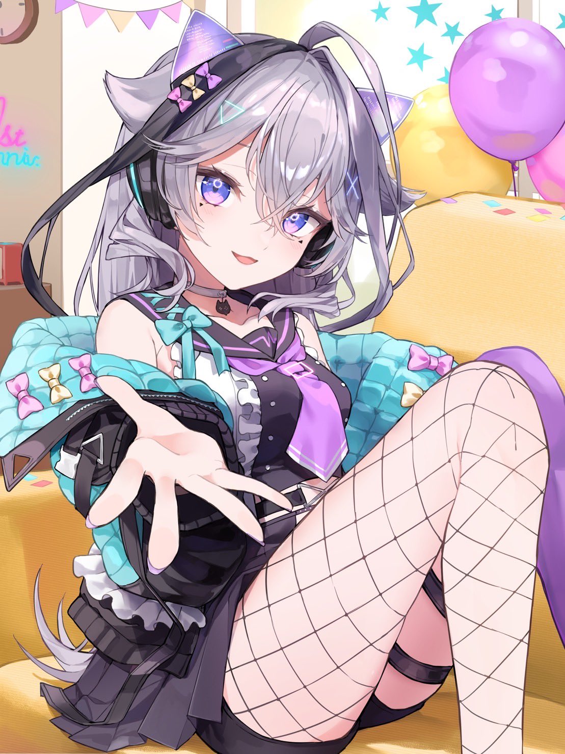 1girl, ahoge, animal_ear_headphones, animal_ears, anniversary, aqua_bow, aqua_jacket, armpit_crease