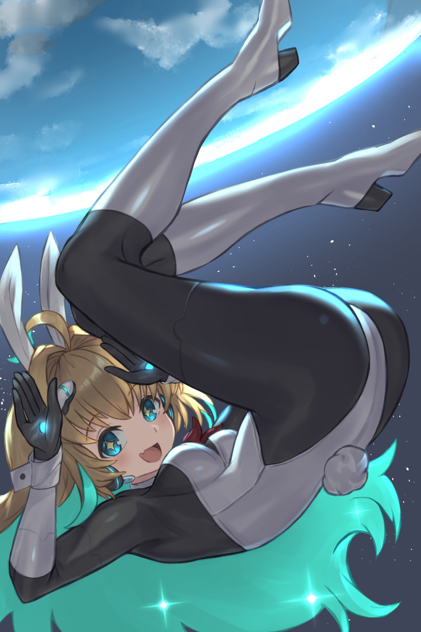 1girl, absurdres, ahoge, aqua_eyes, aqua_hair, blonde_hair, boots, earth_(planet), fang, floating, full_body, hair_between_eyes, high_heel_boots, high_heels, highres, knee_boots, leotard_over_bodysuit, long_hair, open_mouth, ozaki55, planet, playboy_bunny, rabbit_pose, ralmia_sonic_racer, shadowverse, smile, solo, space, star-shaped_pupils, star_(symbol), symbol-shaped_pupils, very_long_hair, wrist_cuffs