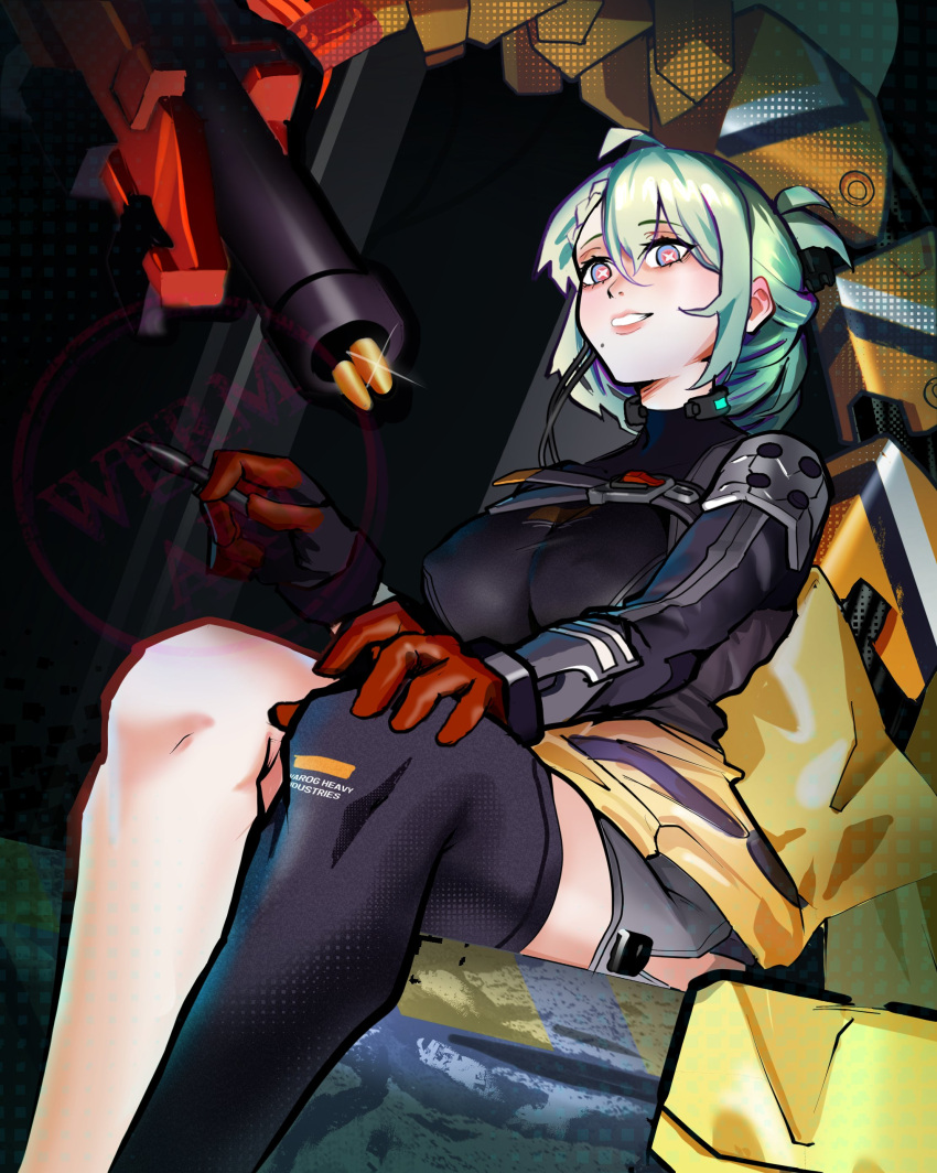 1girl, absurdres, black_gloves, black_thighhighs, breasts, de_lacey_(neural_cloud), empty_eyes, from_below