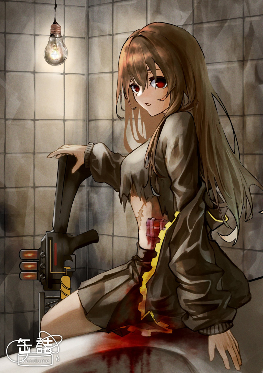 1girl, assault_rifle, bandaid, blood, blood_on_clothes, breasts, brown_hair, deep_wound, gun, highres, injury, kandume_ma, light_bulb, long_hair, looking_at_viewer, marfusha, marfusha_(marfusha), medium_breasts, parted_lips, red_eyes, rifle, scar, sitting, solo, torn_clothes, weapon