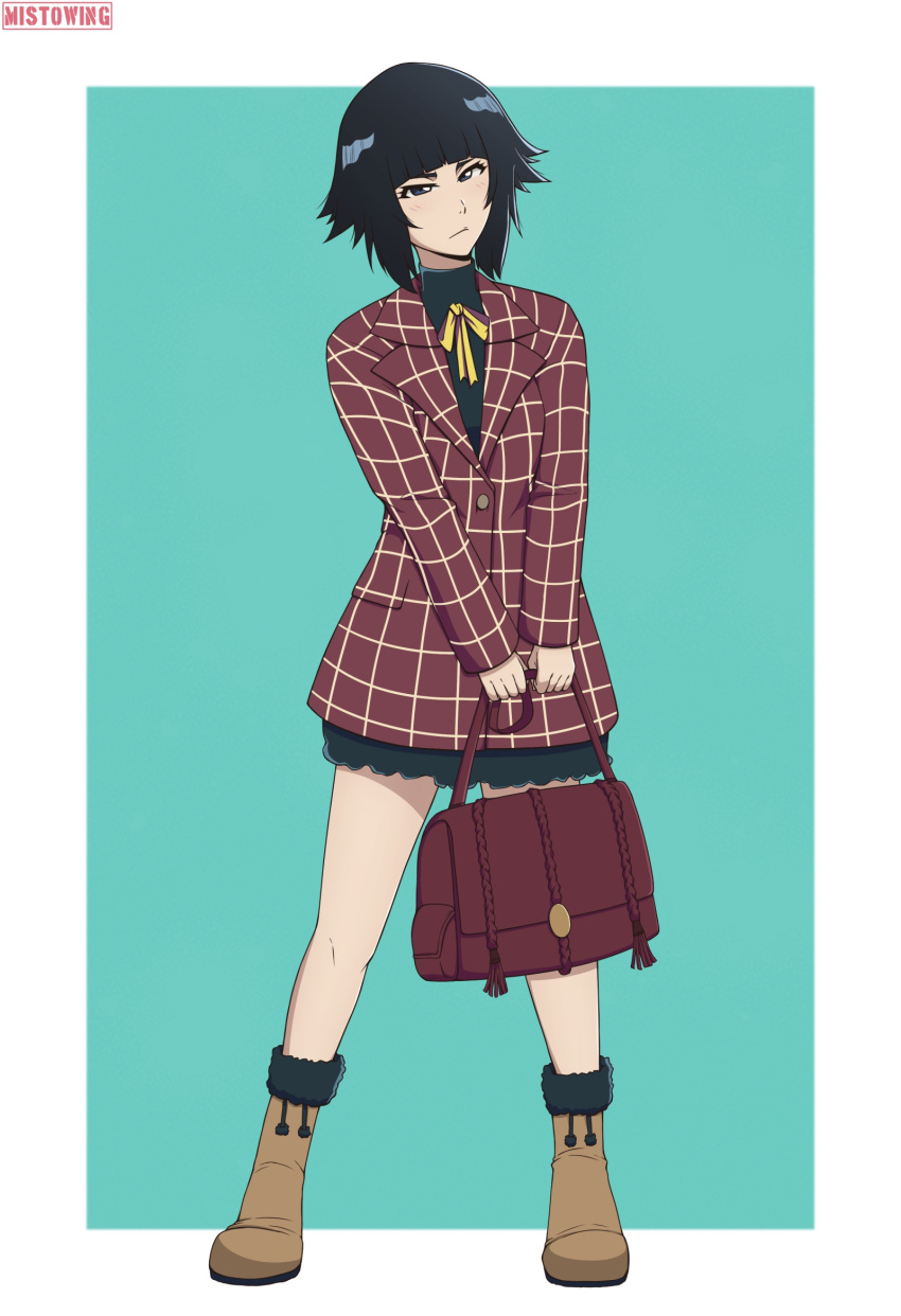 artist_name, bag, black_hair, bleach, bleach:_the_thousand-year_blood_war, blunt_bangs, boots, brown_footwear, dress, fuzzy_footwear, green_background, green_dress, handbag, highres, holding, holding_bag, jacket, knees, miniskirt, mistowing, multicolored_background, necktie, short_hair, skirt, sui-feng, white_background