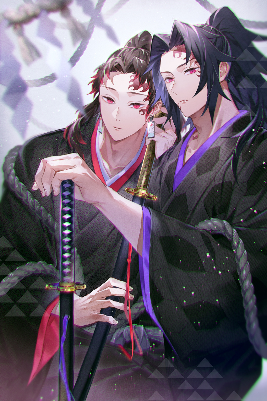 2boys, absurdres, black_hair, black_kimono, brothers, brown_hair, closed_mouth, collarbone