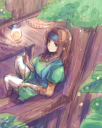 1girl, arrow_(projectile), blue_headband, blue_vest, breasts, brown_eyes, brown_hair, harushino