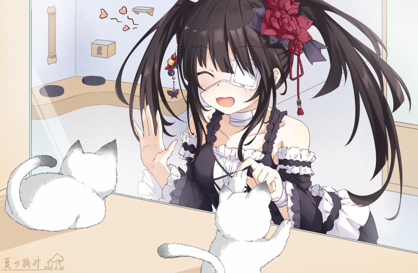 1girl, absurdres, bandaged_arm, bandages, bare_shoulders, black_hair, cat, closed_eyes