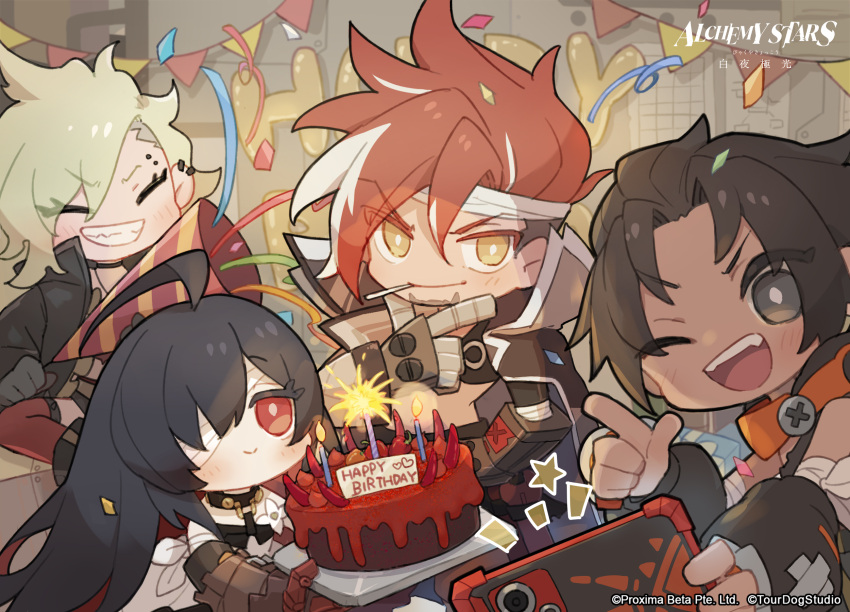 alchemy_stars, balloon, bandage_over_one_eye, birthday_cake, brock_(alchemy_stars), cake, candle, cellphone
