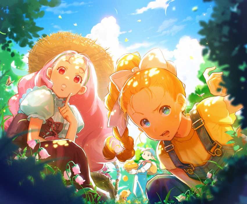 1boy, 2girls, :o, animal, backpack, backwards_hat, bag, baseball_cap
