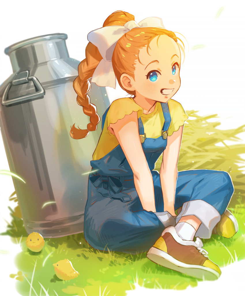 1girl, animal, bird, blue_eyes, blue_overalls, bokujou_monogatari, bottle, bow