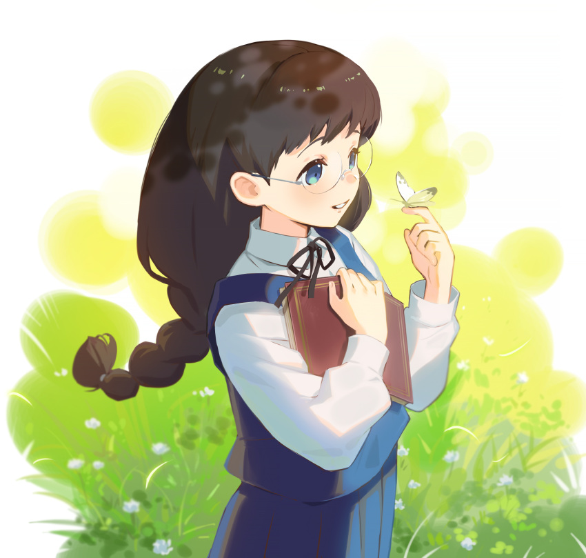 1girl, animal_on_hand, black_hair, blue_eyes, blue_skirt, blue_vest, bokujou_monogatari, book