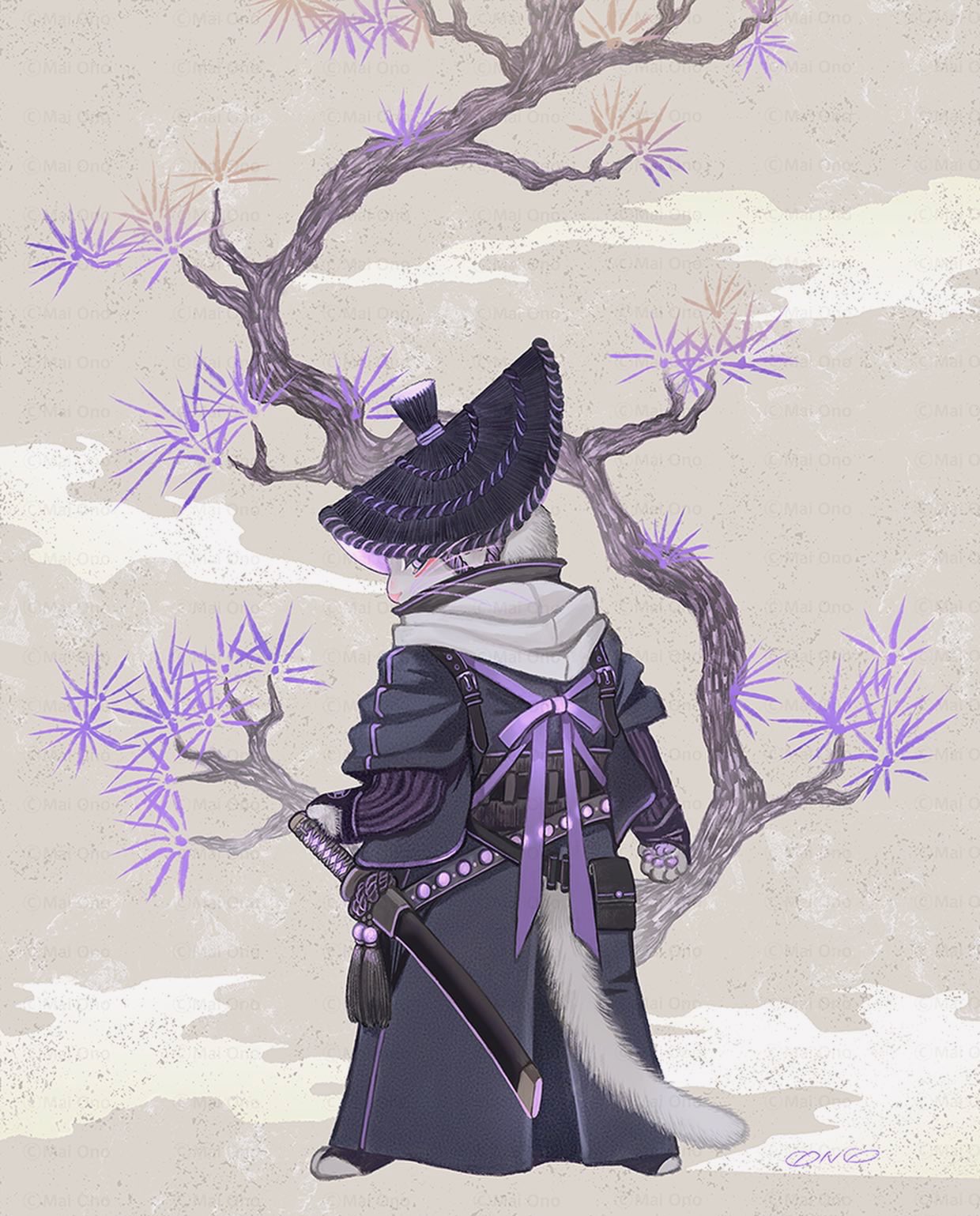 animal, animal_focus, arm_guards, ayaigasa, belt_pouch, black_headwear, branch, cat, chin_strap, clothed_animal, clouds, covered_mouth, eyeliner, from_behind, full_body, grey_background, grey_hakama, grey_kimono, hakama, highres, hood, hood_down, japanese_clothes, katana, kimono, looking_at_viewer, looking_back, makeup, nekoe_onomai, no_humans, original, pouch, profile, purple_ribbon, purple_theme, ribbon, sheath, sheathed, sword, tassel, tasuki, weapon