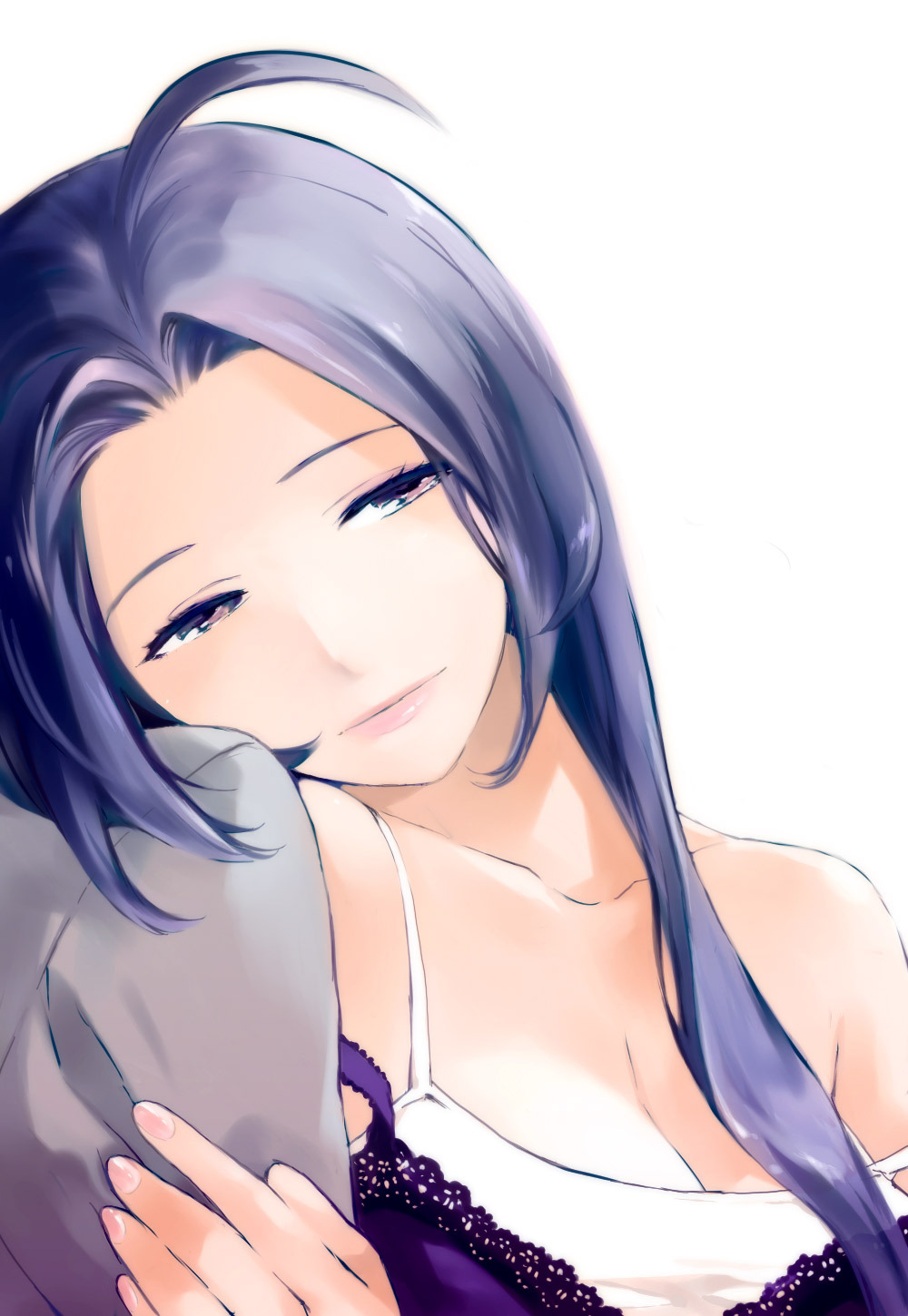 blue_eyes, blue_hair, head_on_shoulder, highres, idolmaster, lingerie, long_hair, miura_azusa