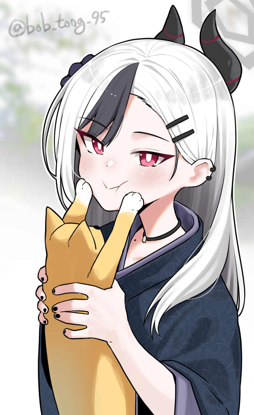 animal, b.t._(boob_tong), black_choker, black_hair, black_nails, blue_archive, cat, choker, collarbone, earrings, gradient_hair, hair_down, hair_ornament, hairclip, highres, holding, holding_animal, japanese_clothes, jewelry, kayoko_(blue_archive), kayoko_(new_year)_(blue_archive), kimono, mole, mole_on_shoulder, multicolored_hair, nail_polish, obi, official_alternate_costume, official_alternate_hairstyle, red_eyes, sash, two-tone_hair, white_hair