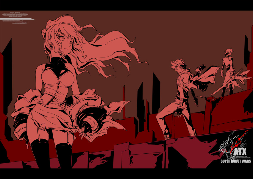 excellen_browning, fingerless_gloves, garter_belt, gloves, jacket, katana, kengko, kyousuke_nanbu, sanger_zonvolt, super_robot_wars, super_robot_wars_original_generation, sword, torn_clothes, weapon, wind