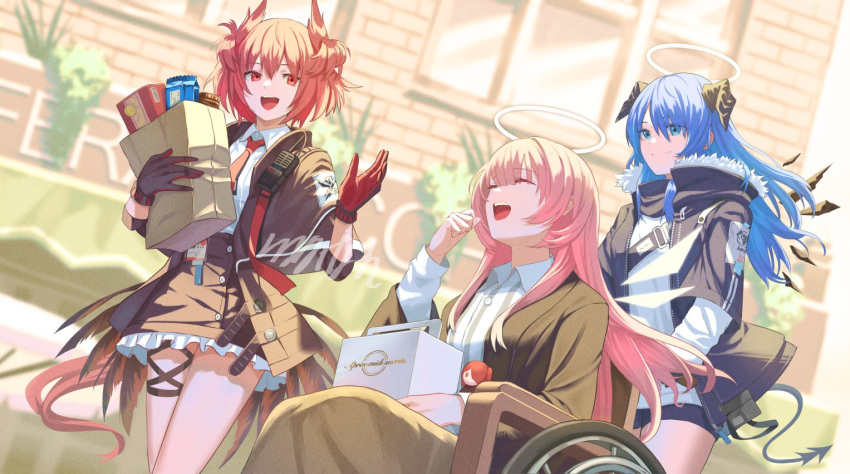 3girls, :d, animal_ears, arknights, bag, bird_ears, bird_tail, black_gloves