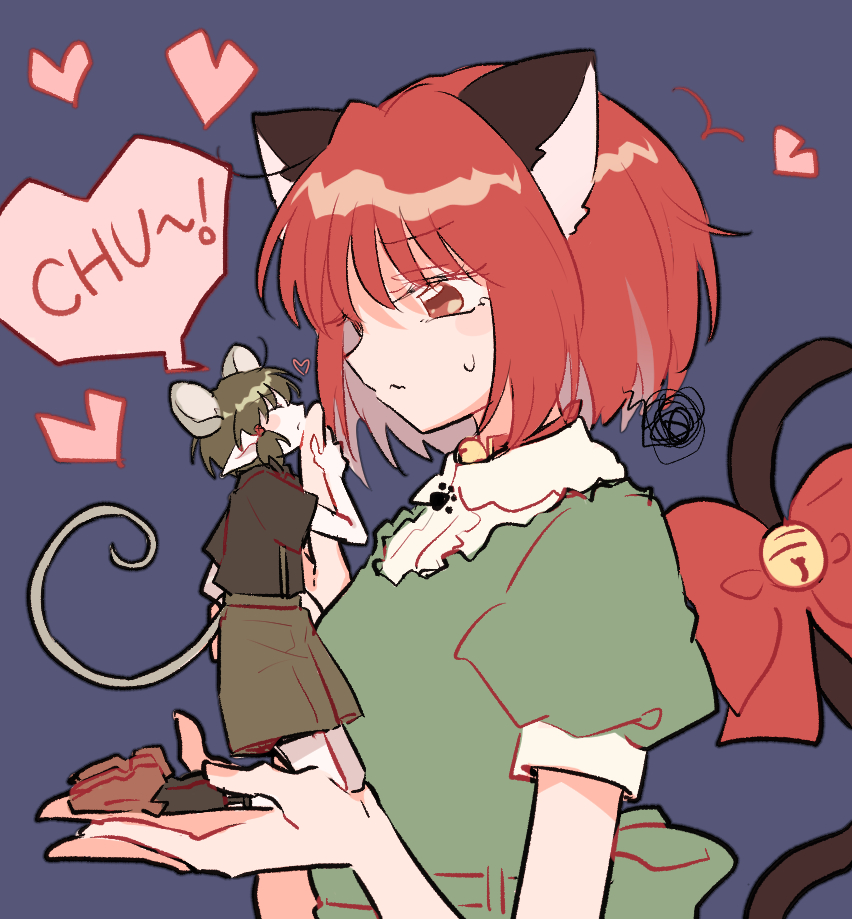 1boy, 1girl, animal_ears, carrying, carrying_person, cat_ears, cat_girl, cat_tail, giant, giantess, heart, hs1122, kiss, kissing_hand, kneeling, mini_person, miniboy, momomiya_ichigo, mouse_boy, mouse_ears, mouse_tail, quiche_(tokyo_mew_mew), standing_on_another's_hand, standing_on_person, tail, tokyo_mew_mew