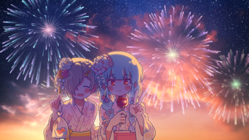 2girls, absurdres, bag, bangs_pinned_back, blue_hair, blush_stickers, braid, candy