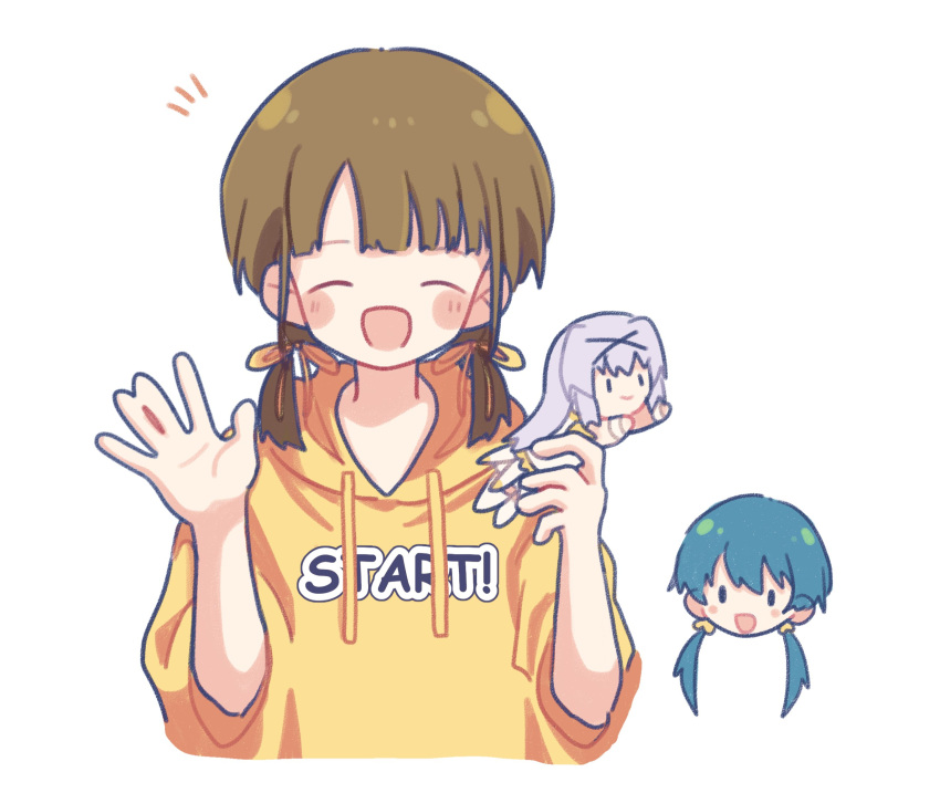 2girls, :d, blush_stickers, brown_hair, character_doll, chibi, chibi_inset, closed_eyes