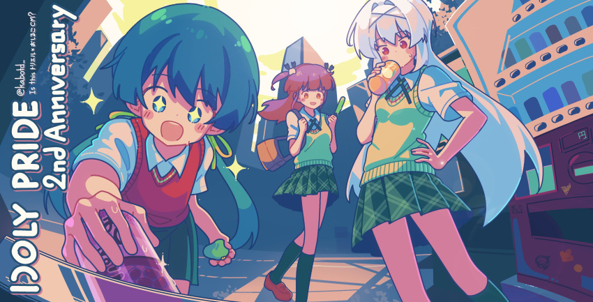 +_+, 3girls, :d, absurdres, anniversary, bag, blue_eyes, blush_stickers