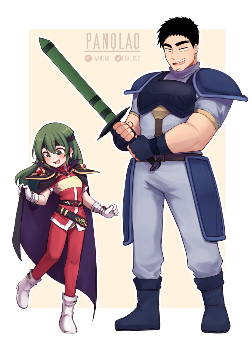1boy, 1girl, absurdres, armor, black_hair, blush, boots, breasts, cape, commission, cosplay, earrings, facial_hair, gloves, gourry_gabriev, gourry_gabriev_(cosplay), green_eyes, green_hair, headband, highres, holding, holding_sword, holding_weapon, igarashi_futaba_(shiromanta), jewelry, lina_inverse, lina_inverse_(cosplay), long_hair, medium_hair, muscular, muscular_male, open_mouth, panqlao, pants, pauldrons, scabbard, senpai_ga_uzai_kouhai_no_hanashi, sheath, shirt, short_hair, shoulder_armor, slayers, small_breasts, smile, stubble, sword, takeda_harumi_(shiromanta), thick_eyebrows, weapon, white_gloves