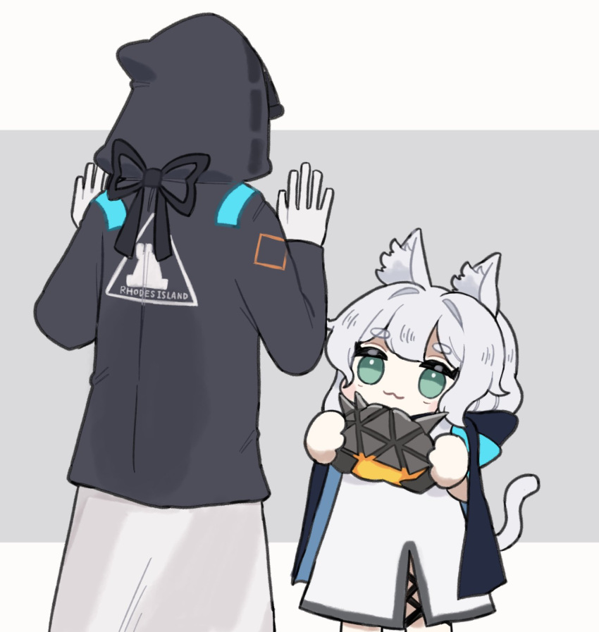 1girl, 1other, :3, animal_ear_fluff, animal_ears, arknights, black_cloak, black_jacket, cat_ears, cat_tail, cloak, doctor_(arknights), gloves, green_eyes, grey_hair, highres, hood, hood_down, hood_up, jacket, originium_slug_(arknights), rosmontis_(arknights), short_eyebrows, someyaya, tail, white_gloves
