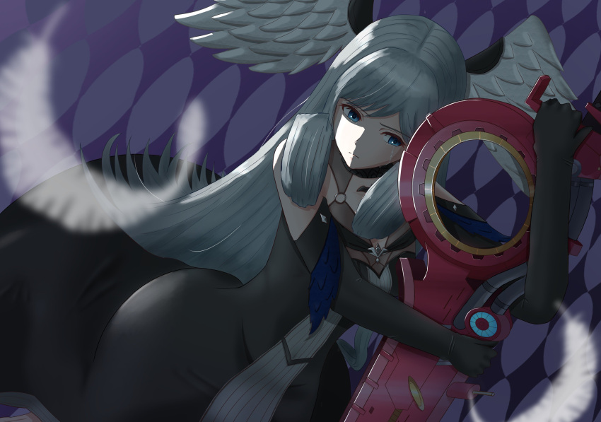 1girl, absurdres, bellrinberlin, black_dress, crying, crying_with_eyes_open, dress, feder, head_wings, highres, holding, holding_weapon, melia_antiqua, monado, monado_rex, monolith_soft, pain, sad, solo, sword, tears, weapon, wings, xenoblade_chronicles_(series), xenoblade_chronicles_3