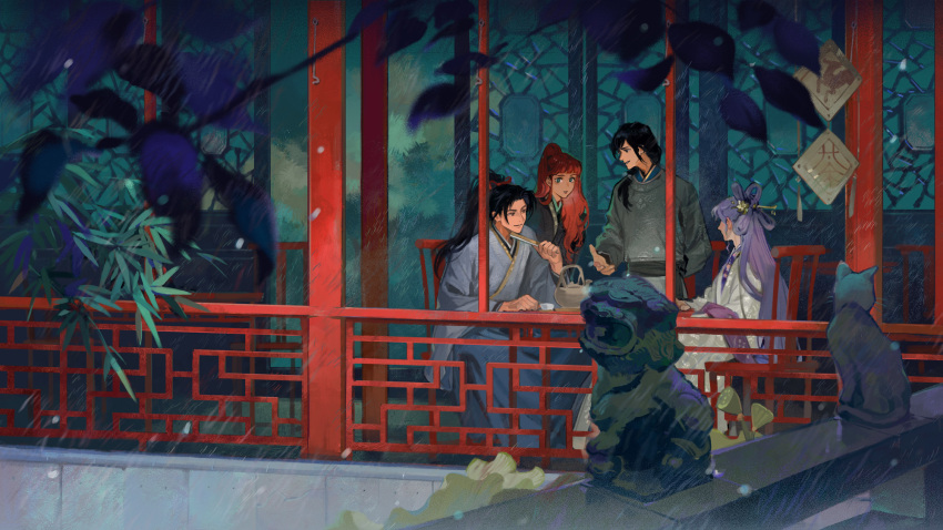 1girl, 3boys, androgynous, animal, architecture, black_robe, blue_eyes, blue_robe