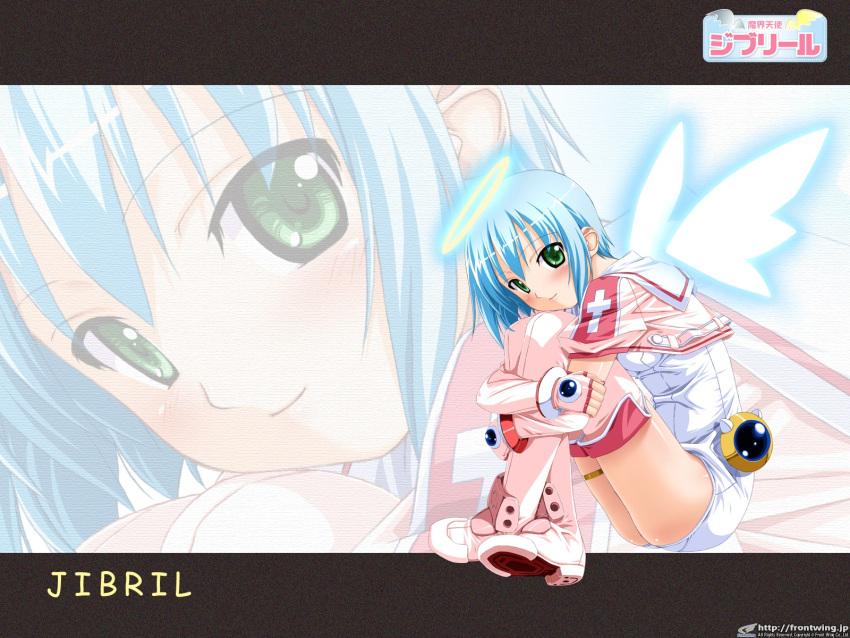 1girl, angel, bangs, blue_hair, blush, bob_cut, boots, close-up