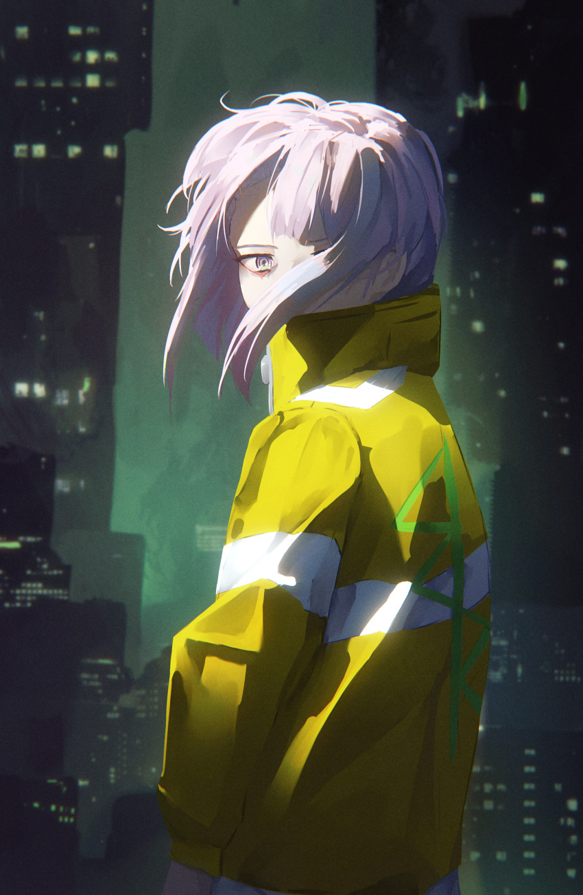 1girl, absurdres, alternate_costume, arm_at_side, borrowed_clothes, building, city, cityscape