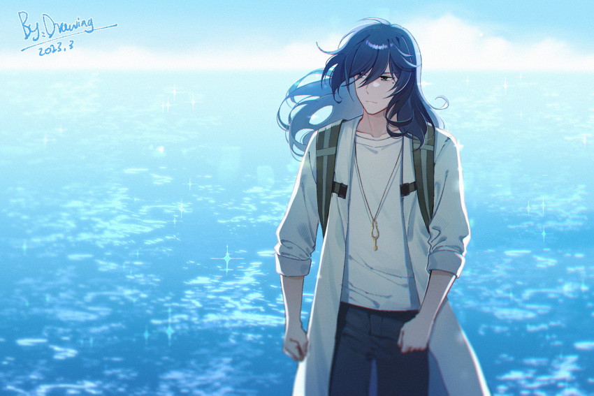 1boy, backpack, bag, blue_hair, blue_pants, blurry, blurry_background, chromatic_aberration