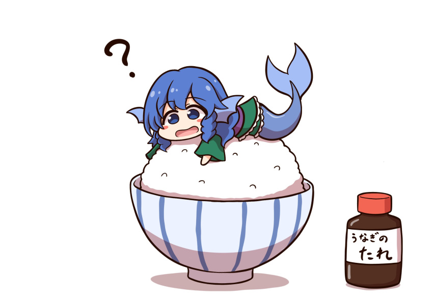 1girl, ?, blue_eyes, blue_hair, bowl, chibi, dress, green_dress, highres, long_sleeves, mermaid, monster_girl, open_mouth, rice_bowl, shadow, shitacemayo, solo, soy_sauce_bottle, touhou, wakasagihime, white_background
