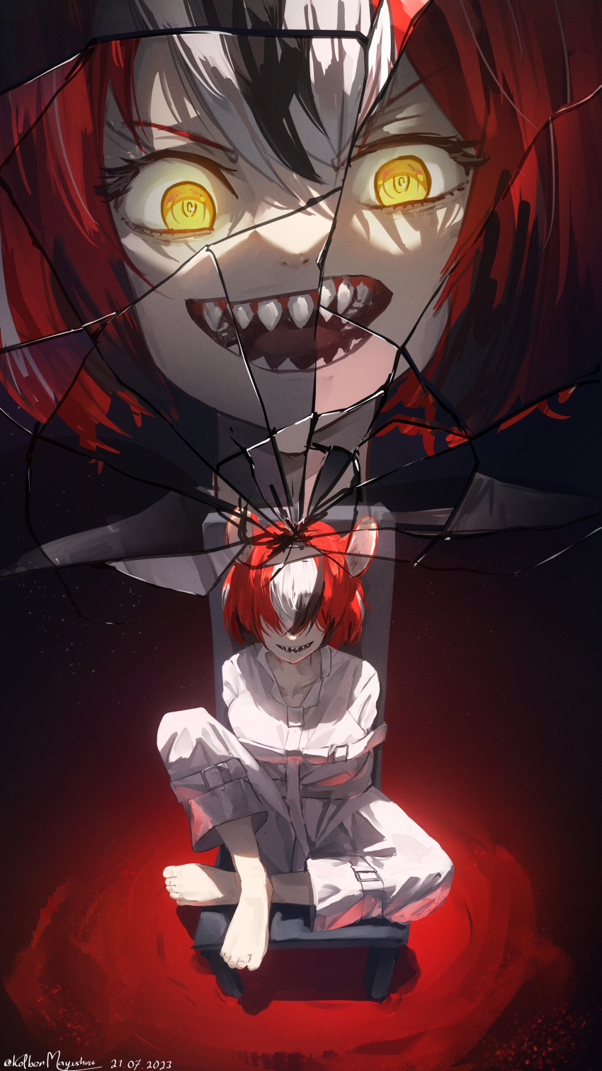 1girl, absurdres, alternate_costume, animal_ears, barefoot, black_hair, bound, breasts, chair, commentary, covered_eyes, cracked_screen, crazy, crazy_smile, english_commentary, facing_viewer, full_body, glowing, glowing_eyes, hair_over_eyes, hakos_baelz, highres, hololive, hololive_english, knee_up, looking_at_viewer, mayushuuu, medium_breasts, mouse_ears, mouse_girl, multicolored_hair, multiple_views, open_mouth, psycho_(hololive), redhead, sharp_teeth, short_hair, sitting, smile, straitjacket, streaked_hair, teeth, virtual_youtuber, white_hair