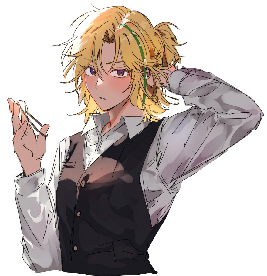 1boy, black_vest, blonde_hair, blush, collared_shirt, green_hair, h4td4, half_updo
