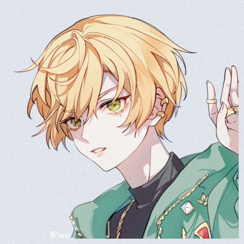 1boy, black_shirt, blonde_hair, border, earrings, green_eyes, green_hoodie, grey_background