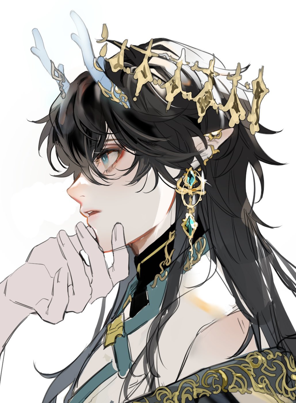1boy, 1other, aqua_eyes, black_hair, crown, dan_heng_(honkai:_star_rail), dan_heng_(imbibitor_lunae)_(honkai:_star_rail), dragon_boy