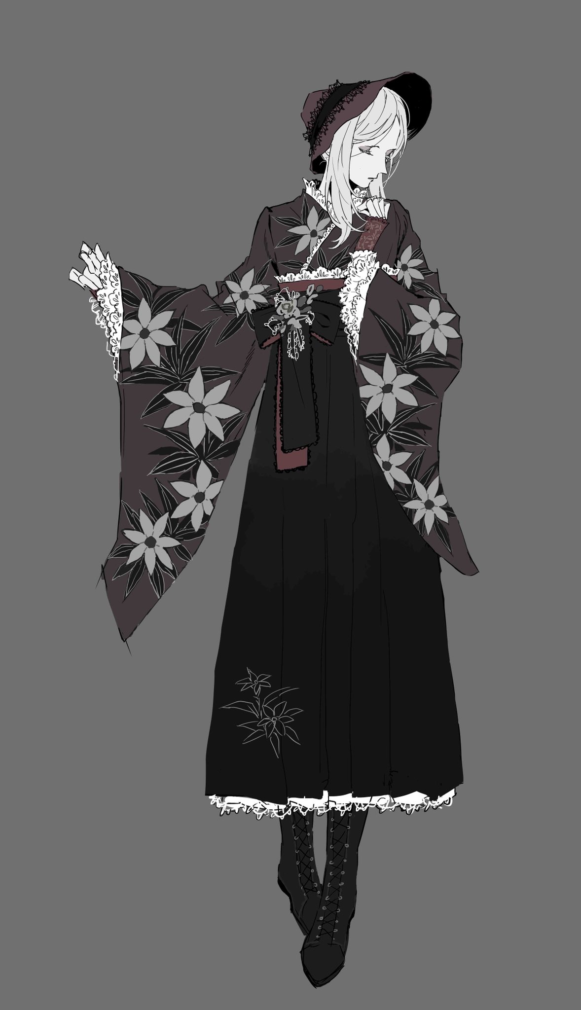 1girl, alternate_costume, bloodborne, bonnet, boots, bow, closed_eyes, closed_mouth
