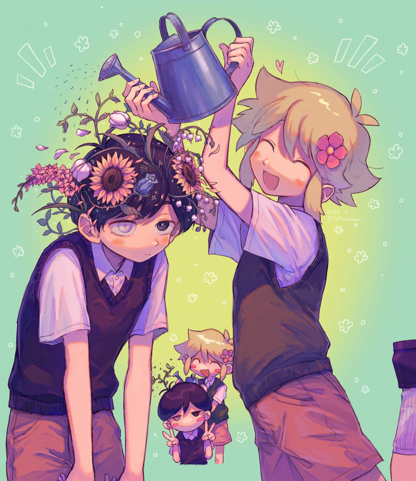 100momom, 2boys, basil_(omori), black_eyes, black_hair, black_sweater_vest, blonde_hair, blush