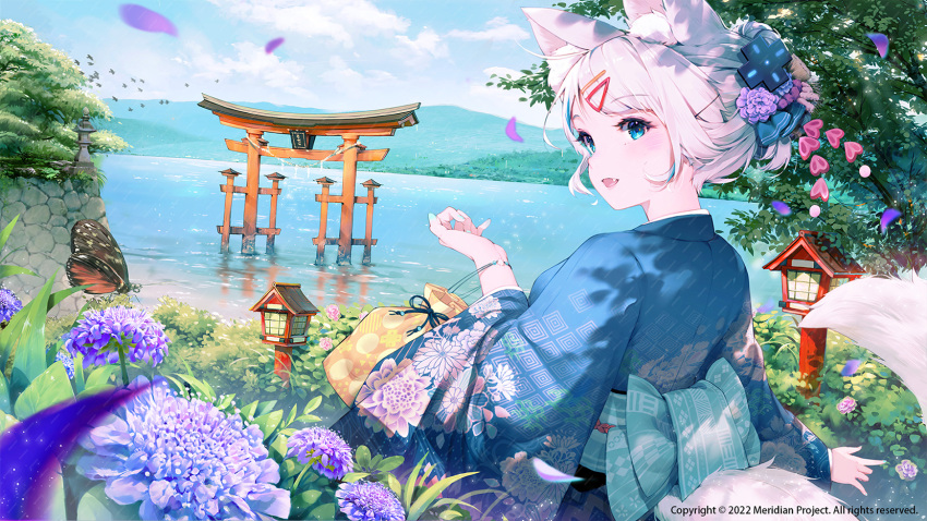 1girl, andychen, animal_ear_fluff, animal_ears, blue_eyes, blue_hair, blue_kimono, blush