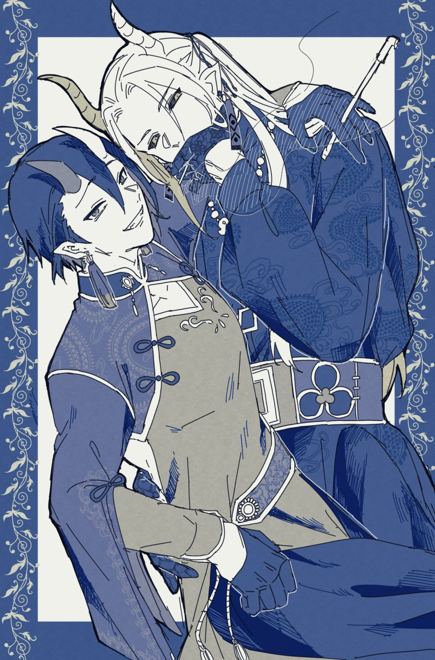 2boys, alternate_costume, alternate_hairstyle, arm_around_shoulder, backless_outfit, baroku_iroiro, belt, blue_border