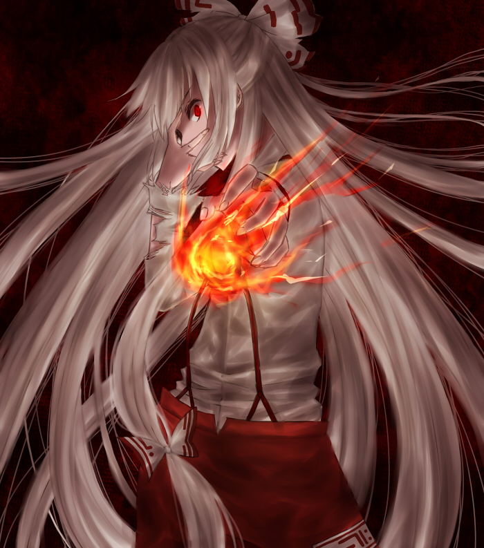 crazy_eyes, dark, fire, fujiwara_no_mokou, hand_over_face, profile, solo, torn_clothes, touhou, yuina_(artist)