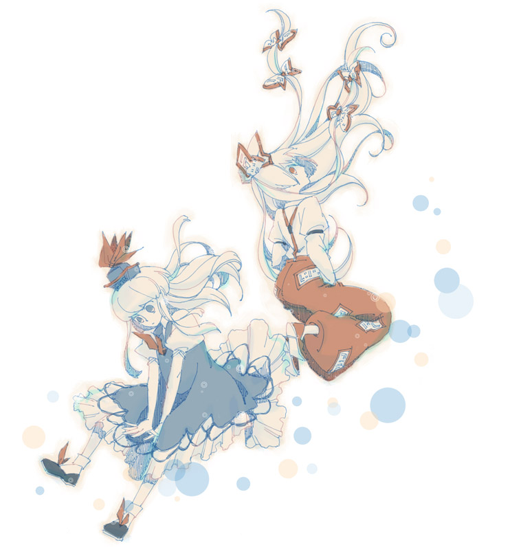 asasui, dress, fujiwara_no_mokou, hands_in_pockets, hat, jumping, kamishirasawa_keine, looking_back