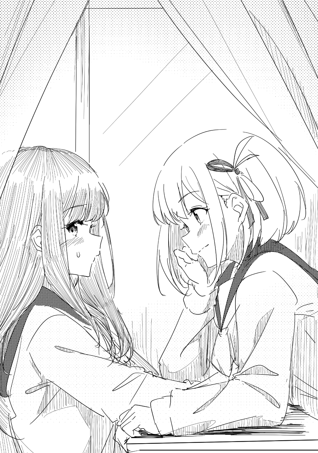 2girls, alternate_costume, averting_eyes, blush, closed_mouth, commentary, curtains, desk