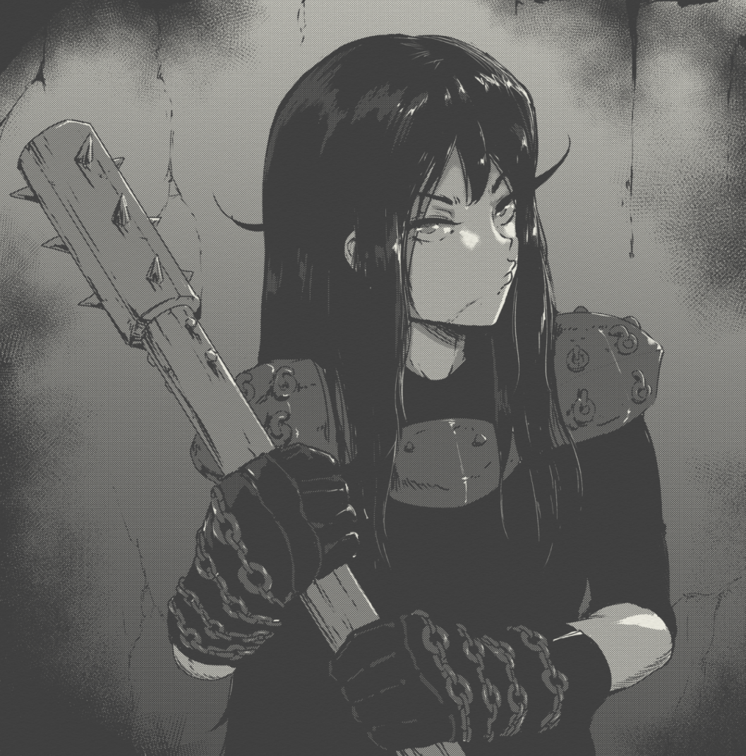 1girl, armor, chain, club_(weapon), gloves, greyscale, holding, holding_club