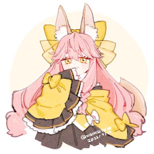 1girl, animal_ear_fluff, animal_ears, blush_stickers, bow, fate/samurai_remnant, fate_(series), fox_ears